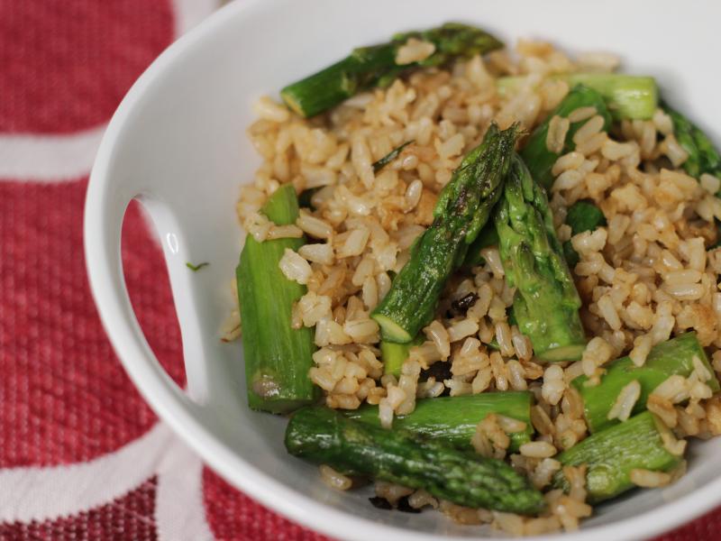 Asparagus fried rice in a bowl