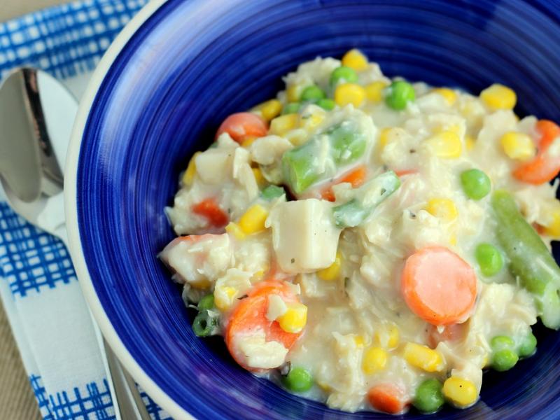 chicken vegetable chowder recipe in a bowl