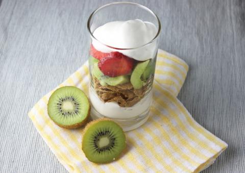 strawberry kiwi parfait prepared in a clear glass