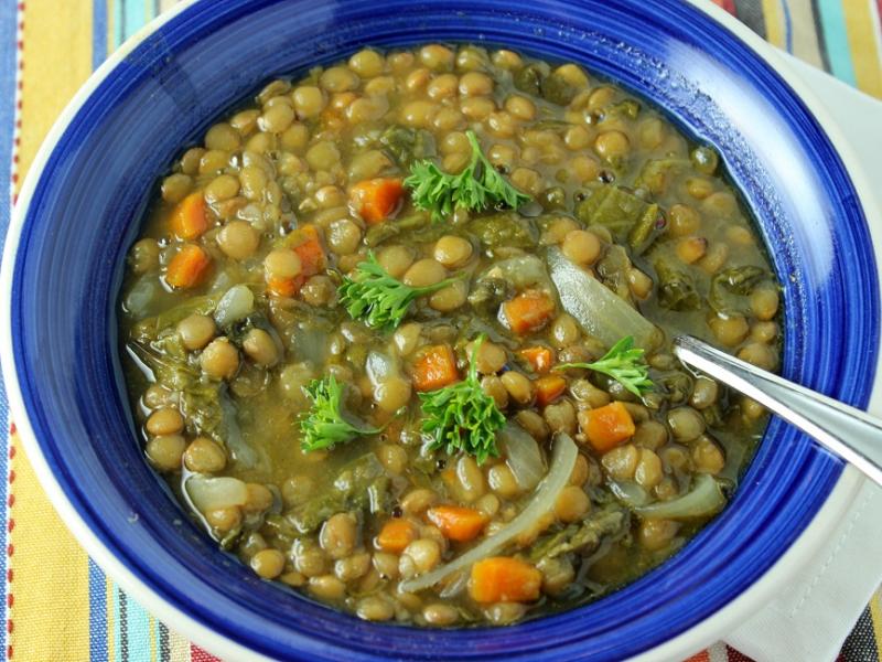 bowl of slow cooker lentil and vegetable soup