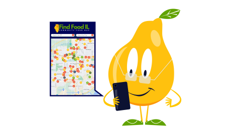 Pear mascot searching for Find Food IL map on phone