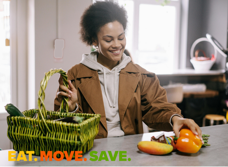 woman taking vegetables from a basket onto the countertop