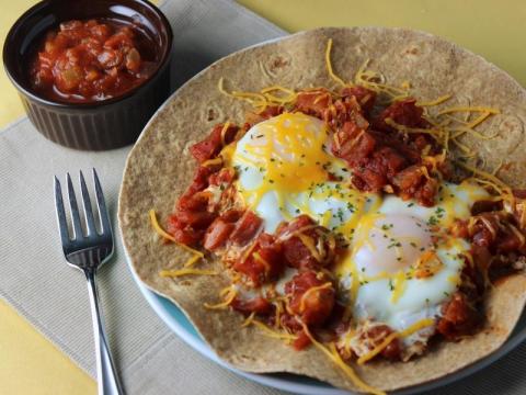 huevos rancheros is a balanced breakfast featuring at least 3 different My Plate food groups.