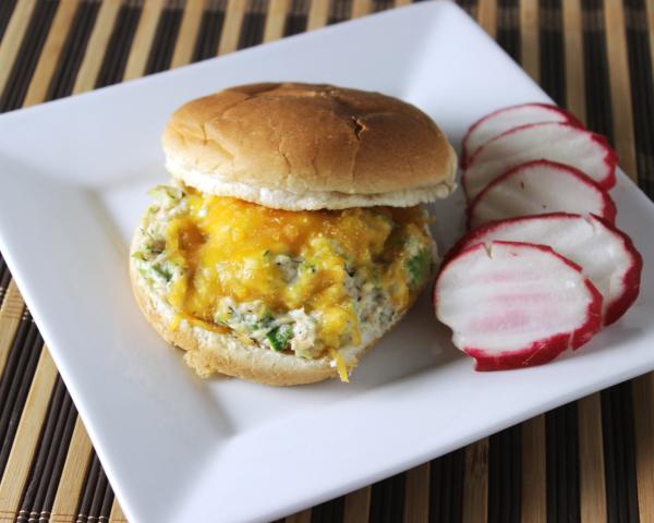 salmon salad on toasted bun with melted cheddar cheese with radish chips on side