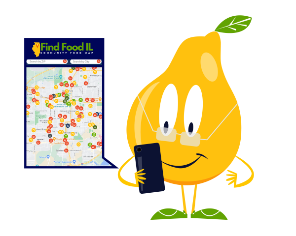 Pear mascot searching for Find Food IL map on phone