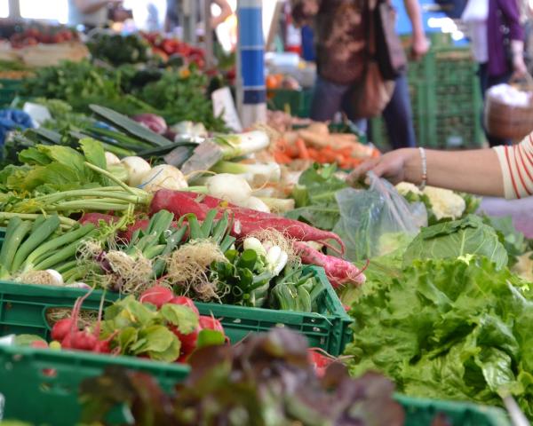 shopper selecting from bins of fresh produce on a table at a market