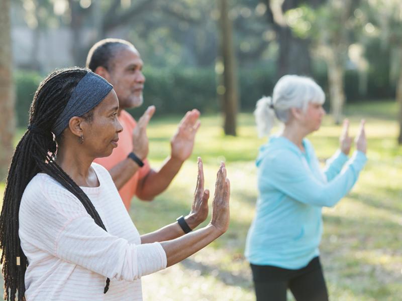 3 people doing tai chi in a park