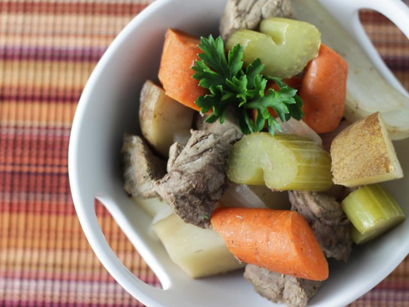 white dish with beef stew 