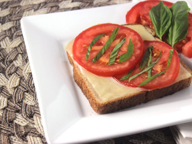 Open faced Tomato Grilled Cheese with Basil