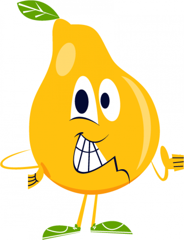 smiling cartoon pear showing a thumbs up