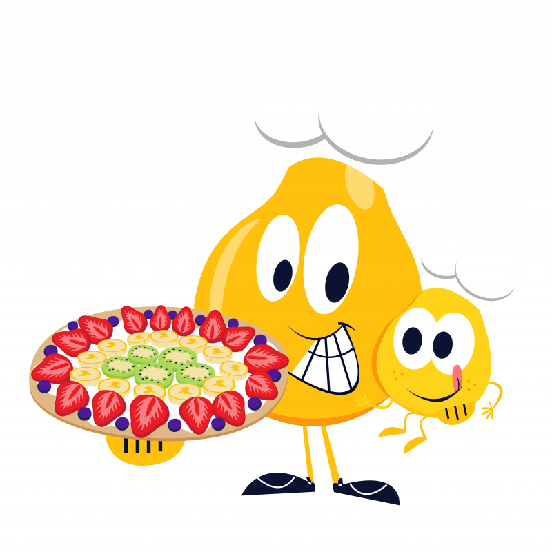 Cartoon pear, holding cartoon baby pear and a fruit tortilla pizza.