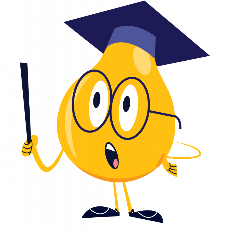 Cartoon pear with graduation cap and eyeglasses, teaching a class.