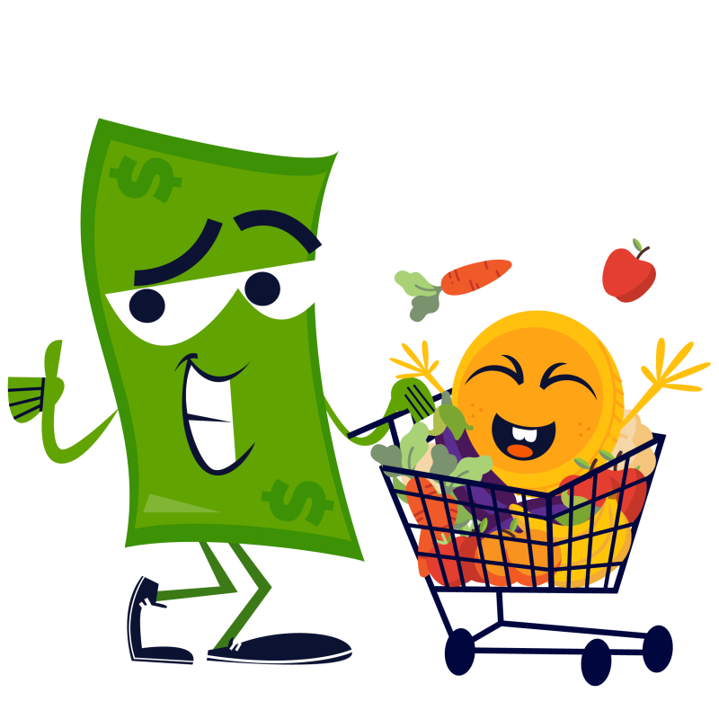 Cartoon dollar pushing a shopping cart with coin child