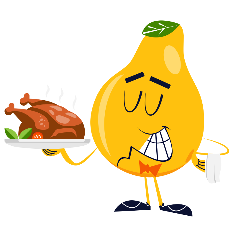Cartoon Pear holding roasted chicken