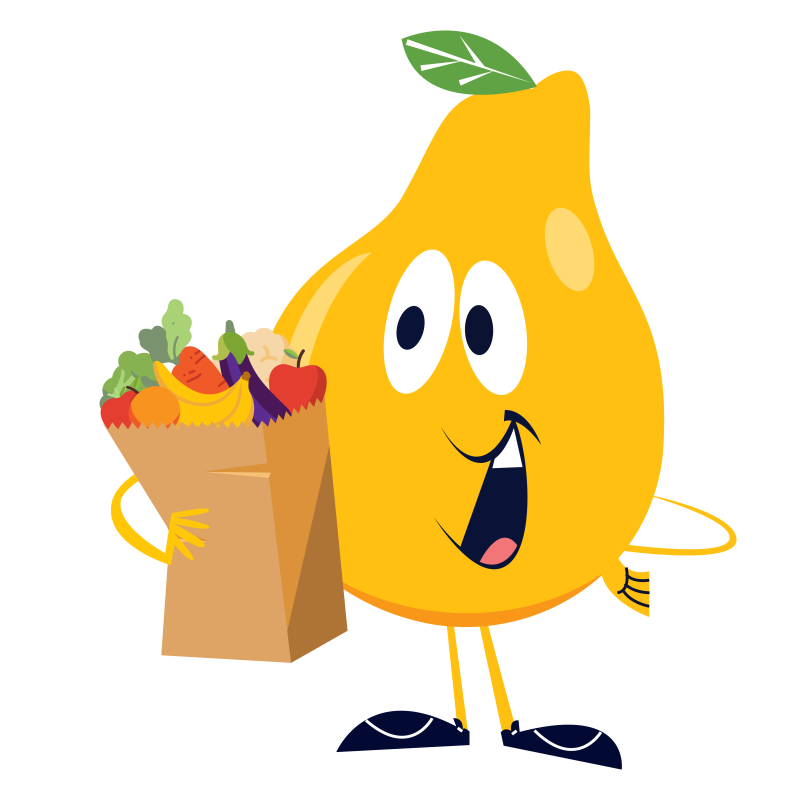 Cartoon Pear holding bag of Groceries