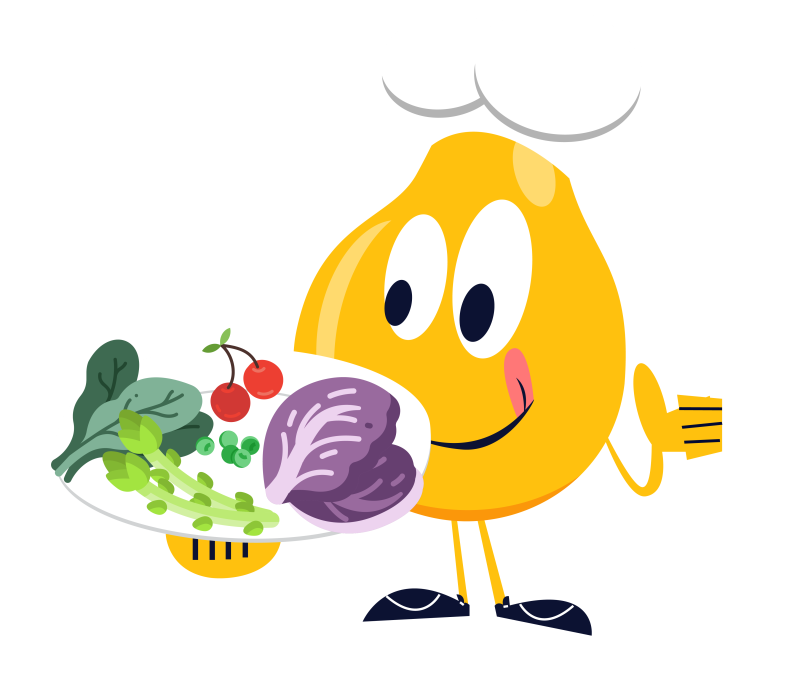 Cartoon Pear holding plate of produce
