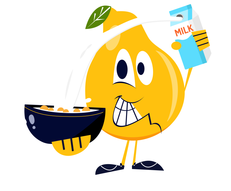 Cartoon Pear pouring milk on cereal