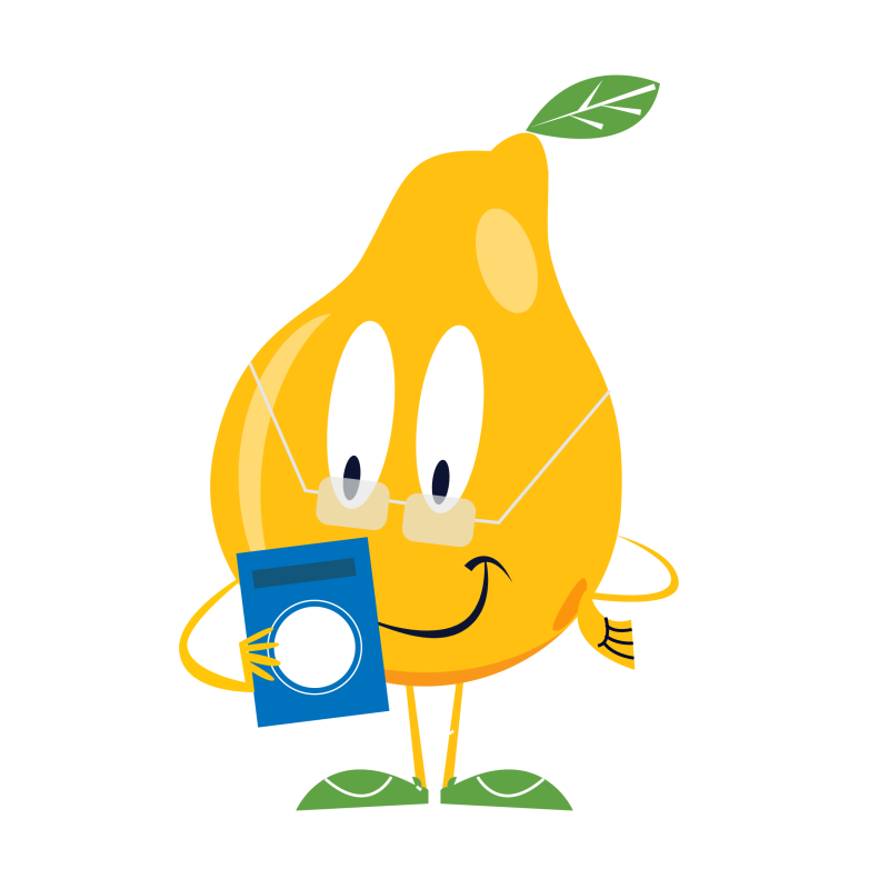 Pear mascot reading box of food