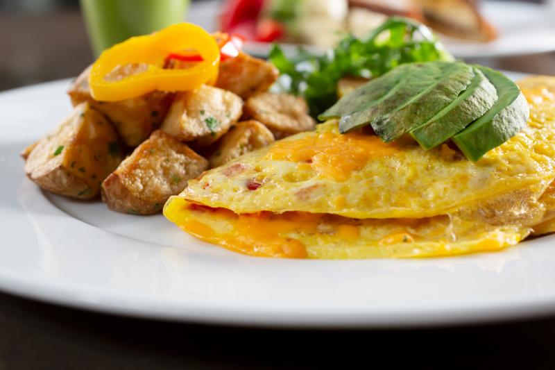 Omelet with potatoes, cheese and avocado