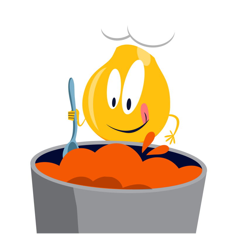 Pear Eat mascot stirring a pot of soup while licking his lips