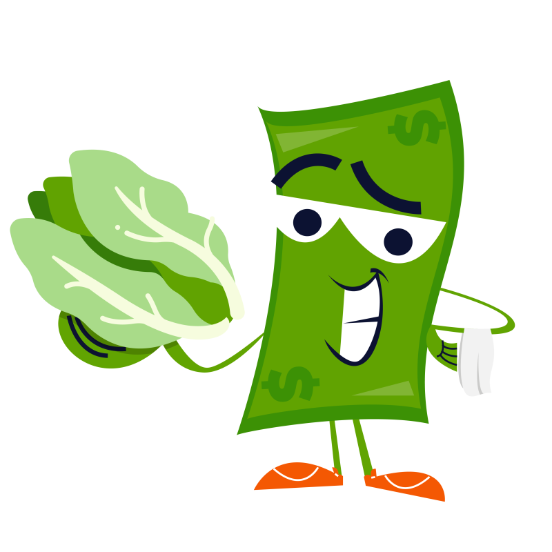 Dollar Bill save mascot holding a head of lettuce